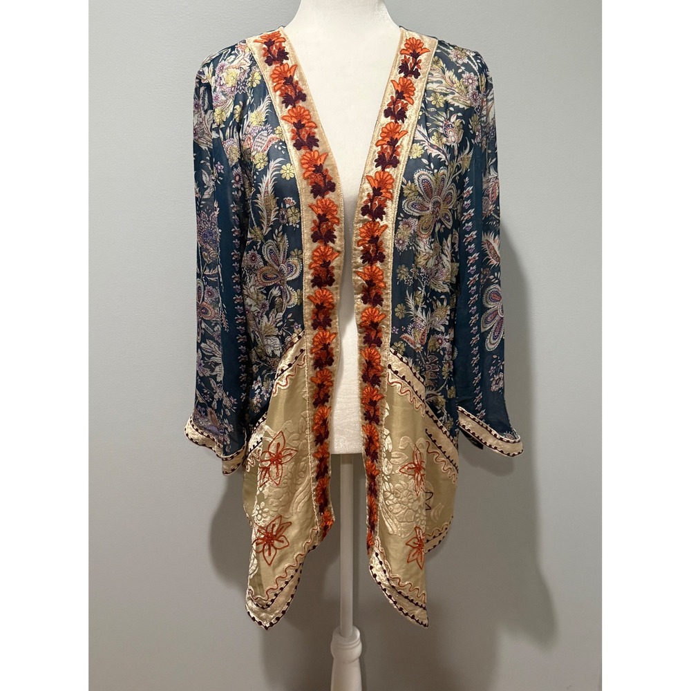 Soft Surroundings Embroidered Velvet Trim Floral Kimono Cardigan Size Large